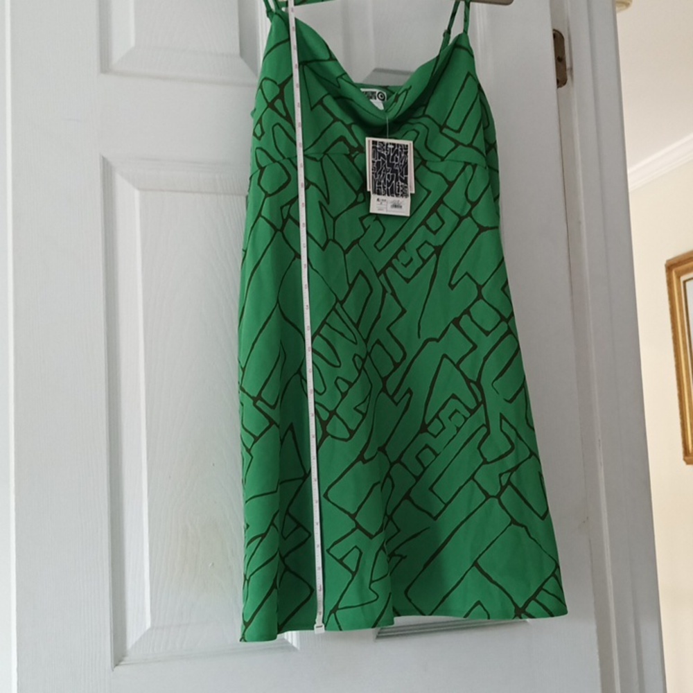 NWT MED Green Geometric SATIN Dress with Spaghetti Straps - Picture 7 of 8